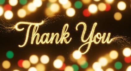 Sparkling Golden Thank You Greeting Message Illustration on Dark Backdrop with Bokeh Lights, Expressing Gratitude and Appreciation with Festive Shine and Elegant Calligraphy
