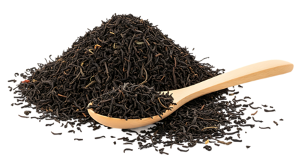 A wooden spoon scooping a pile of dry loose leaf black tea against a dark background