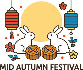 Mid Autumn Festival Illustration with Mooncakes Lanterns Rabbits and Festive Decorations Traditional Celebration Flat Clean Design