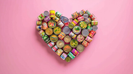 Heart shape made of assorted canned goods on a pink background overhead shot flatlay
