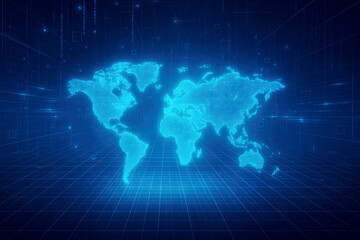Abstract Blue Digital World Map with Data Streams and Grid global technology