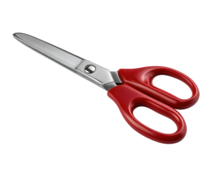 Pair of red handle scissors, classic office stationery tool for any cutting task. This sharp equipment object isolated on transparent background for useful design