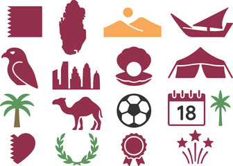 A clean and minimal set of 16 solid color flat icons representing Qatar and its cultural, national, and geographical elements. Plain simple shapes with smooth edges, no gradients, no textures, no rast