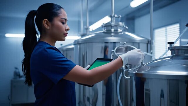 Monitoring bioreactor with digital tablet. Laboratory technician checks tank and equipment. Glove protected hand navigates tablet interface. Cleanroom supports pharmaceutical production and research.