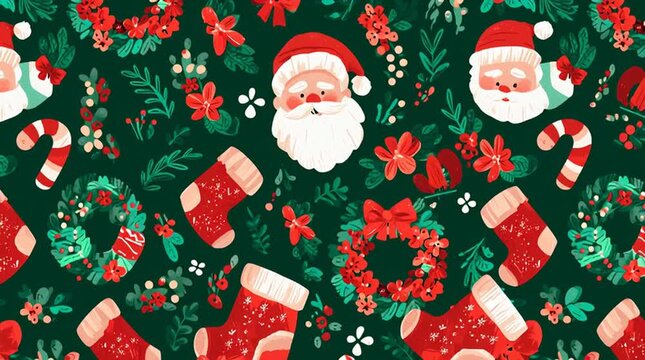 Expressive looping Christmas pattern featuring Santa Claus, wreaths, stockings, and candy canes; festive seamless animation with bright colors and cheerful holiday motifs.