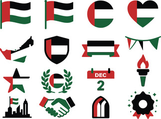 A clean and minimal set of 16 solid color flat icons representing the UAE flag and patriotic elements. Plain simple shapes with smooth edges, no gradients, no textures, no raster effects. Icons includ