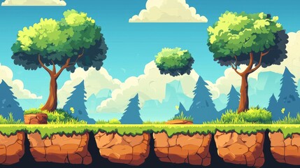 Cartoon Landscape with Grassy Cliff and Trees