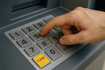 Close-up of a hand entering a PIN on an ATM keypad, focusing on secure banking and transactions.