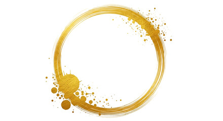 Abstract golden ink brush stroke circle with splashing paint on a black background