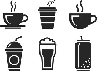Coffee and beverage icon set, drink symbols, hot and cold drinks, soda can, takeaway cup, cafe design, restaurant illustration, refreshment concept