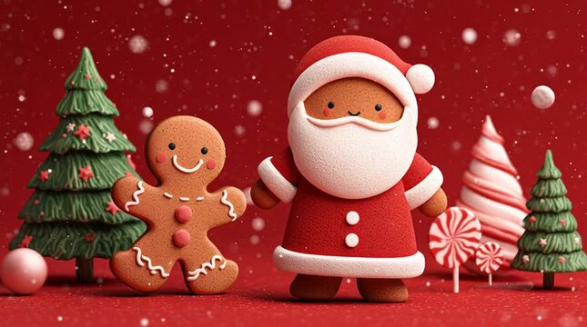 Cute festive illustration with gingerbread man, Christmas tree, and Santa Claus on a bright red background; cheerful holiday design with a stylish, modern Christmas look.
