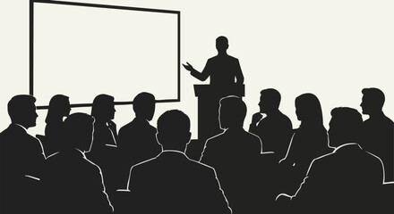 Silhouette of a speaker presenting to an audience in a conference room.