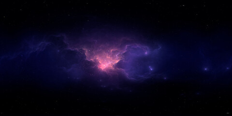 360 degree space nebula. Giant interstellar cloud with stars, equirectangular projection, environment map. Spherical panorama. 3D rendering, Fractal image