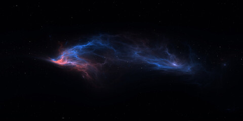 360 degree space nebula. Giant interstellar cloud with stars, equirectangular projection, environment map. Spherical panorama. 3D rendering, Fractal image