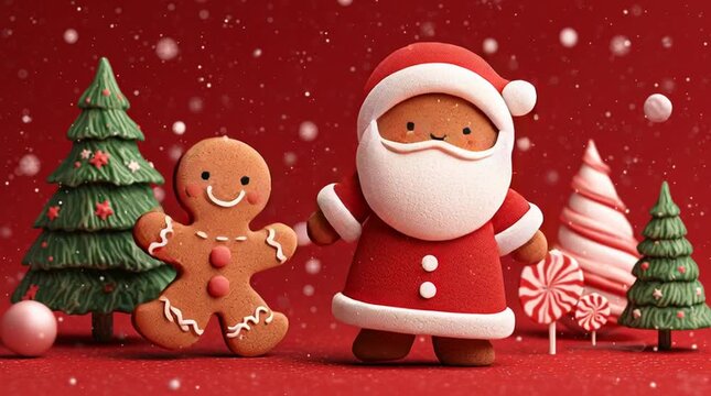 Cute festive illustration with gingerbread man, Christmas tree, and Santa Claus on a bright red background; cheerful holiday design with a stylish, modern Christmas look.