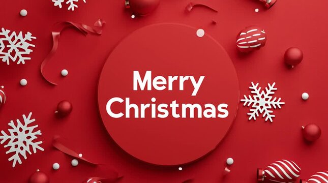 Festive Christmas design featuring a red circular centerpiece with &ldquo;Merry Christmas&rdquo; text, surrounded by gift boxes, ornaments, candy canes, and snowflakes on a vibrant red background; simple, clean, 