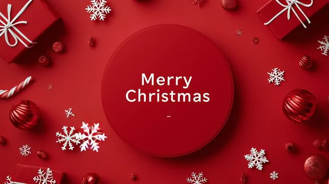 Festive Christmas design featuring a red circular centerpiece with &ldquo;Merry Christmas&rdquo; text, surrounded by gift boxes, ornaments, candy canes, and snowflakes on a vibrant red background; simple, clean, 