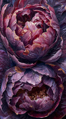 Obraz premium Luxurious textured painting of peonies in deep violet and cinnamon shades,