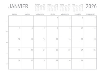 Janvier 2026 Calendrier Mensual Planificateur avec Numero de Semaine à imprimer A4	