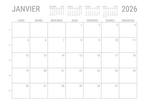 Janvier 2026 Calendrier Mensual Planificateur avec Numero de Semaine &agrave; imprimer A4	