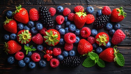 Fototapeta premium Assortment of Fresh Berries Including Strawberries Blueberries Raspberries and Blackberries Scattered on a Dark Wooden Surface with Mint Leaves in Warm Daylight