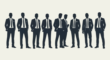 Elegant silhouettes of men in suits standing together in a group.