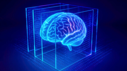 Blue glowing human brain inside a transparent cube with binary code on dark background science technology