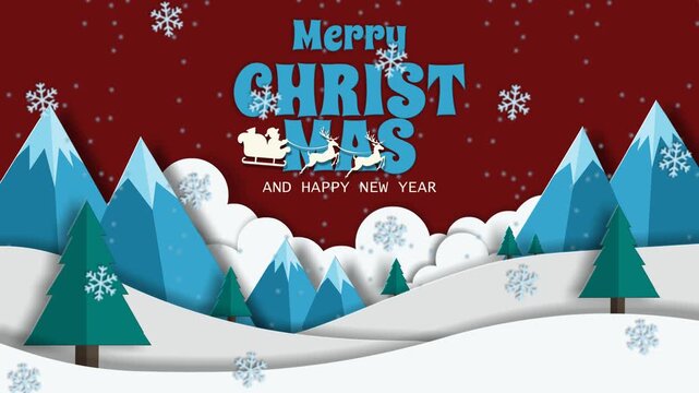 4K looping Christmas animation featuring snowy mountains, Santa&rsquo;s sleigh, and festive typography. Ideal for holiday greetings, social media banners, digital ads, and festive video backgrounds.