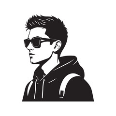 Stylish young man student with sunglasses and backpack. Cool teenage boy profile silhouette vector illustration, isolated on white background.
