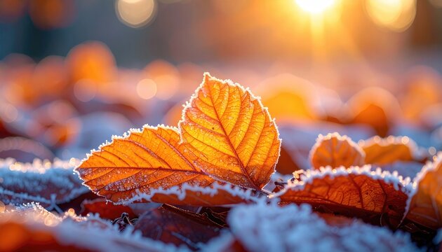 Autumn leaves covered in frost illuminated by golden hour sunlight casting dramatic shadows with warm rustic cinematic tones and soft bokeh background