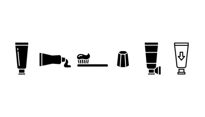 Toothpaste tube and toothbrush vector icon set. Dental oral hygiene and healthcare concept. Glyphs for brushing teeth, squeezing paste, and dental care product packaging.