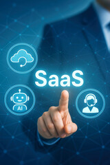 Businessman touching SaaS cloud AI and customer support icons on digital interface SaaS software as a service