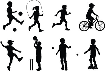 Children silhouette vector set with soccer, cricket, cycling, skating, running, jumping rope, outdoor play, sports activity illustrationChildren silhouette vector 