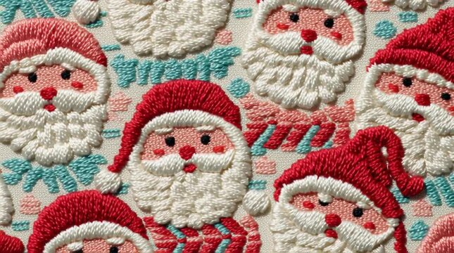 Seamless pattern with felted embroidery of Santa Claus faces and Christmas motifs, red thread stitching on soft fabric texture, cheerful colors, whimsical festive design, highly detailed, high-resolut