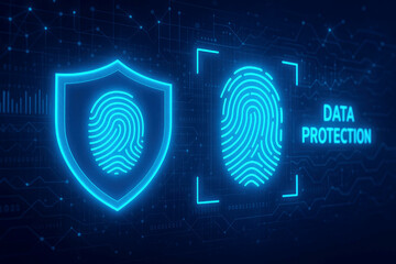 Digital Data Protection with Fingerprint Scan and Shield Icon in Futuristic Circuit Board Design cybersecurity