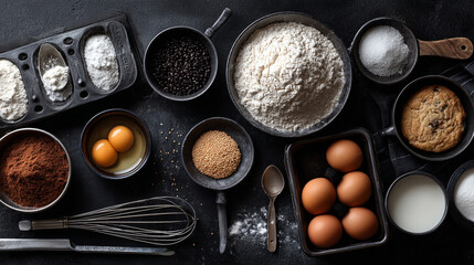 Overhead shot of baking ingredients and tools on a dark surface ready to be mixed