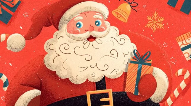 Cute festive illustration of Santa Claus smiling and holding a gift box, detailed costume features, rosy face, fluffy white beard, candy canes and gifts scattered on red background, warm lighting, bri