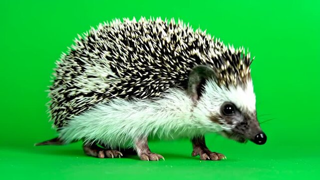 Cute African Pygmy Hedgehog on a Vibrant Green Background.