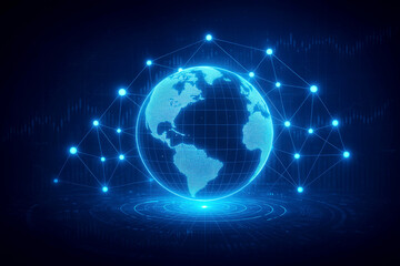 Digital Earth with interconnected nodes and lines, set against a dark background with data charts globe