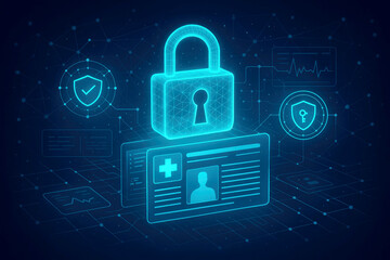 Digital illustration of a secure medical data system with lock and patient cards security privacy