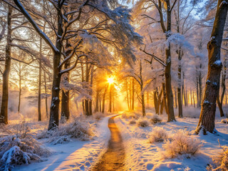 Golden sunbeams shining through snowcovered trees on a winter forest path at sunrise