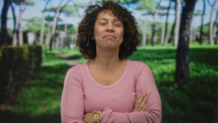 Woman crosses her arms and pulls her cheeks to stick out her tongue in forest scene wearing a pink...