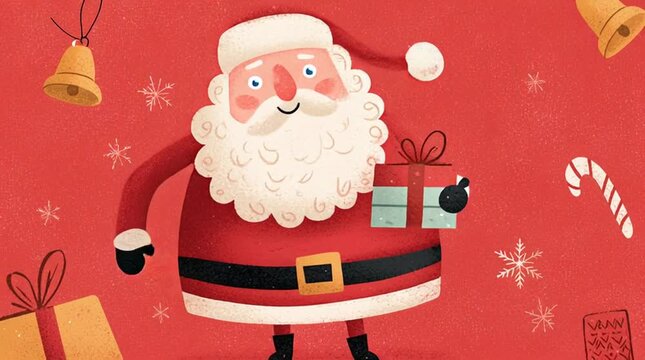 Cute festive illustration of Santa Claus smiling and holding a gift box, detailed costume features, rosy face, fluffy white beard, candy canes and gifts scattered on red background, warm lighting, bri