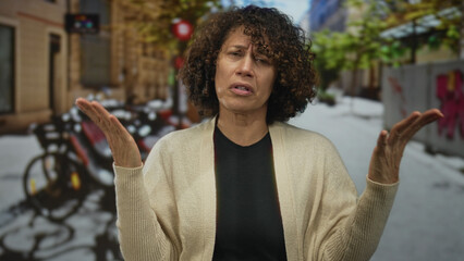 Woman crosses arms wearing beige cardigan and black top on busy city street in daylight frowning;...