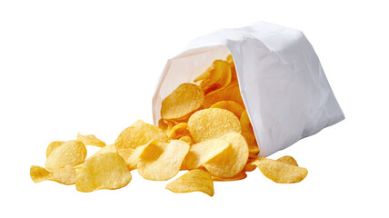 Golden crispy potato chips spilling from a white bag on clean table surface, scattered crunchy snack food concept isolated on white background