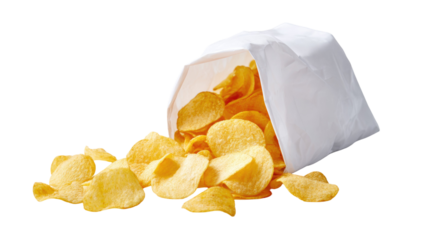 Golden crispy potato chips spilling from a white bag on clean table surface, scattered crunchy snack food concept isolated on white background