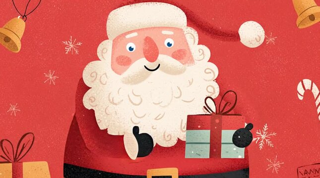 Cute festive illustration of Santa Claus smiling and holding a gift box, detailed costume features, rosy face, fluffy white beard, candy canes and gifts scattered on red background, warm lighting, bri