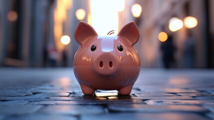 Pink Piggy Bank Symbolizing Savings and Financial Growth on an Urban Street.