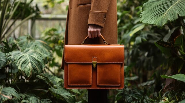 A woman is holding a brown leather briefcase in a lush green environment. Concept of sophistication and elegance, as the woman is dressed in a coat and the briefcase is a symbol of professionalism