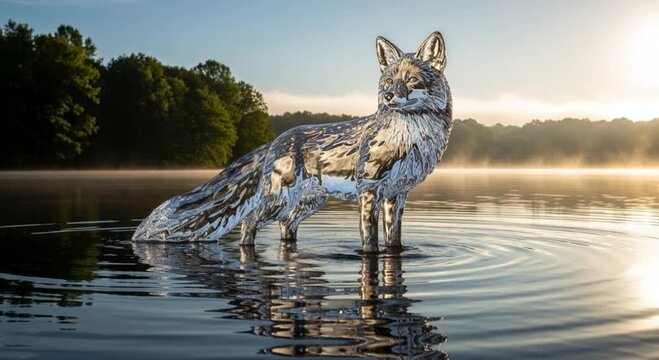 Majestic Silver Fox Standing in Calm Lake at Sunrise with Soft Lighting